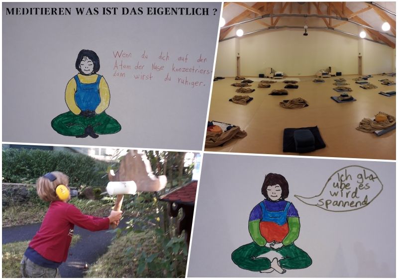 Collage of various photos from the children's courses: two drawings of a meditating child, a child striking a gong, a photo of the meditation hall
